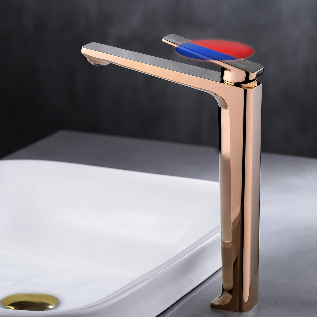 GRIFO DE LAVABO ELEVADO EN LATÓN ORO ROSA COLECCIÓN PENEE