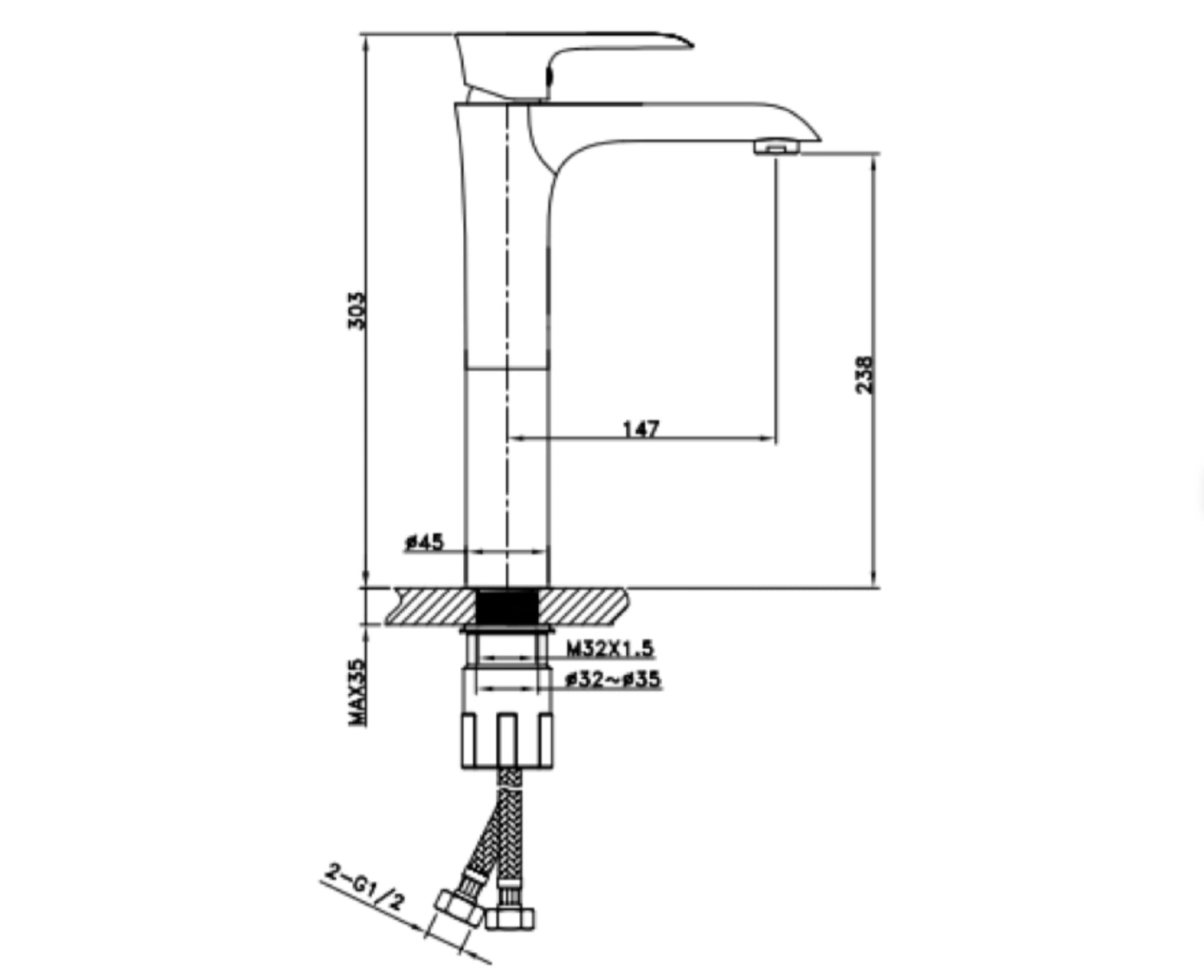 Raised basin faucet 411 in brushed nickel brass Enipée collection