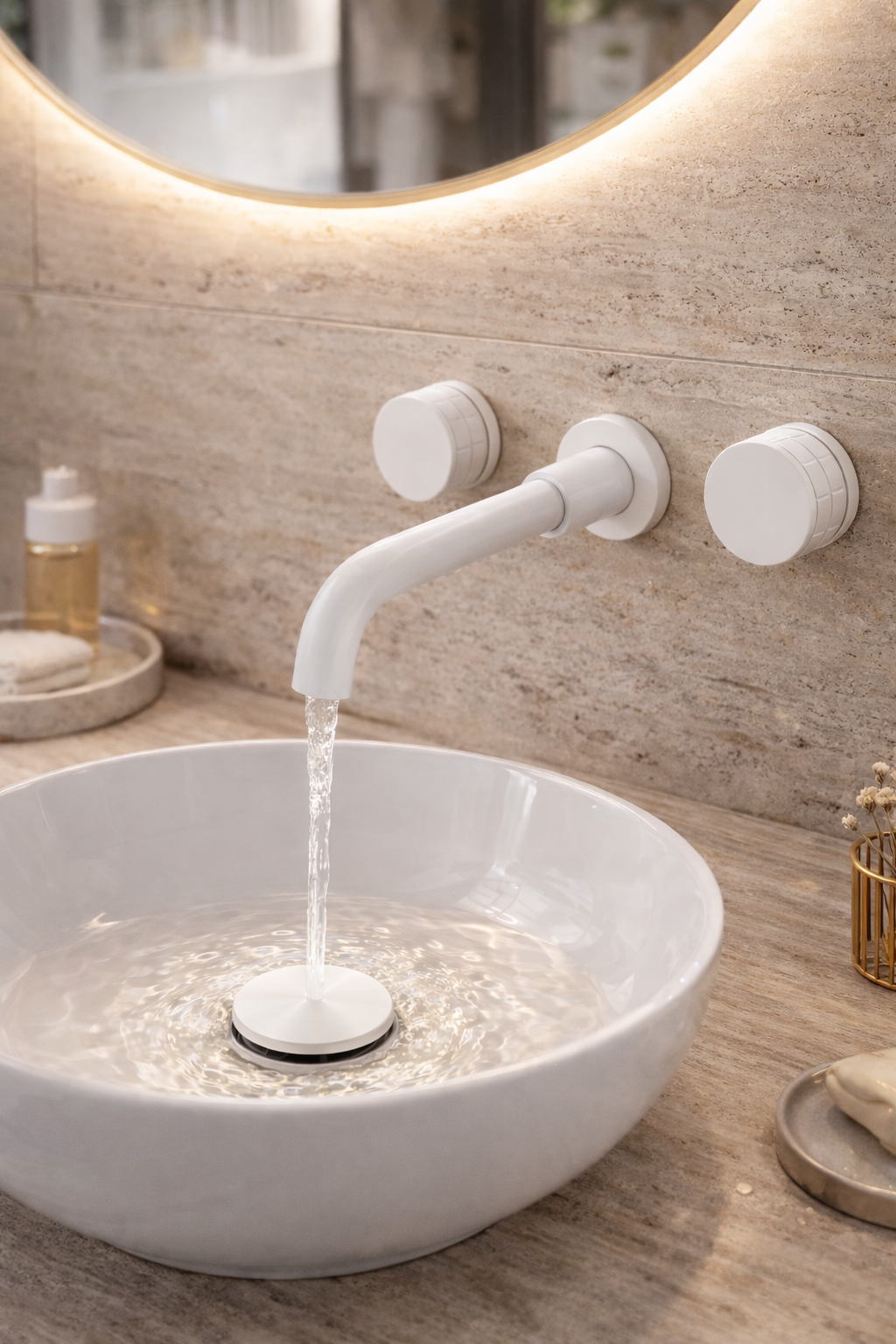 Grifo de lavabo de pared 052 en latón blanco de la colección Argolid