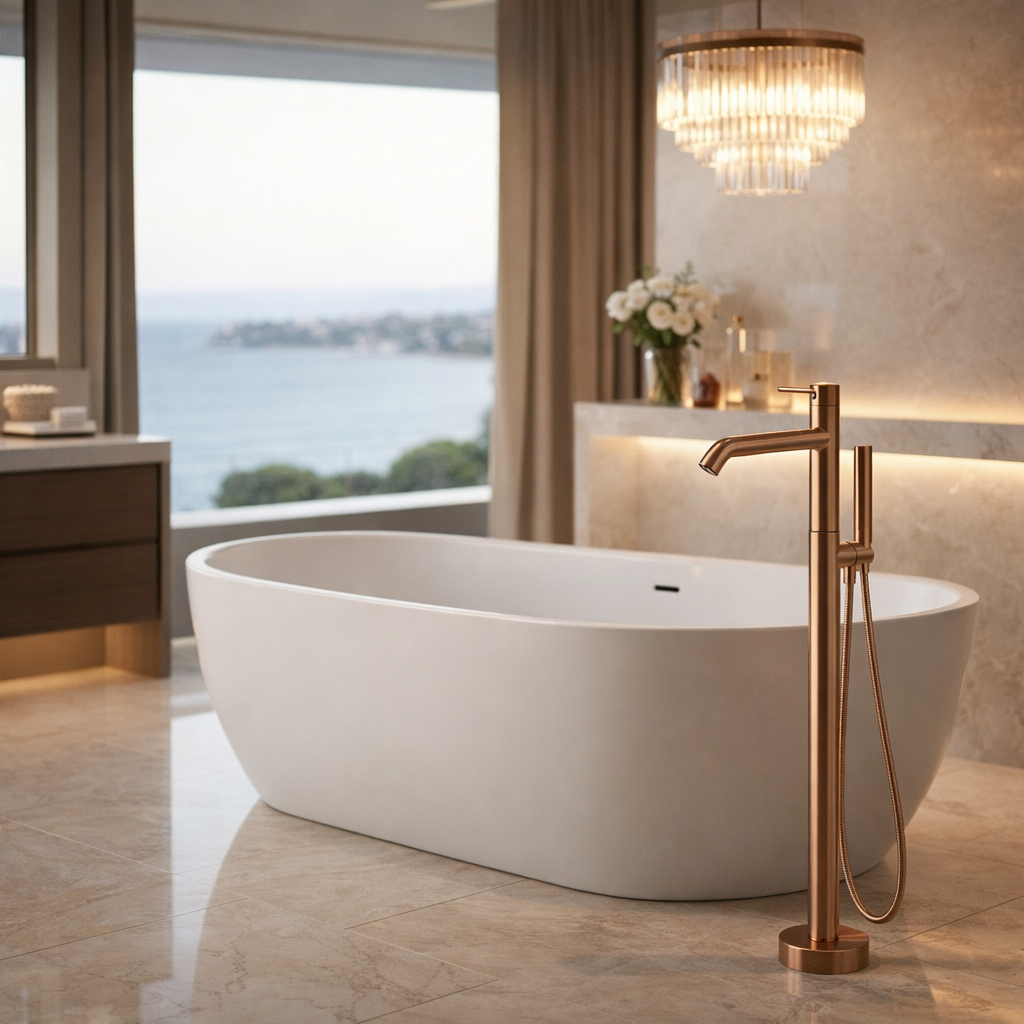 Robinet de baignoire au sol 011 en laiton rose doré brossé collection Pénée