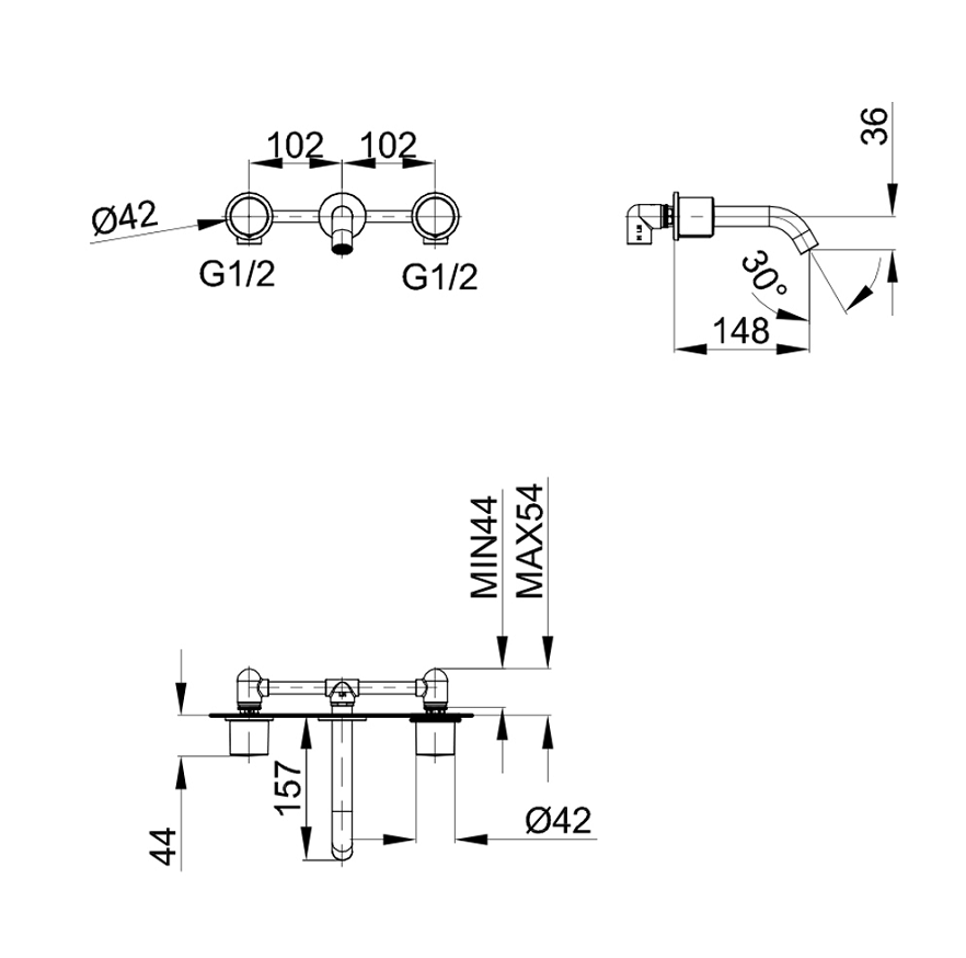 Robinet de lavabo mural 052 en laiton noir collection Céphise
