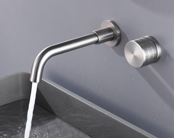 Grifo de lavabo de pared 042 en latón niquelado cepillado, colección Eas
