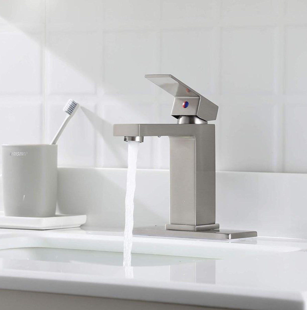 Grifo para lavabo de sobre encimera 001 en latón niquelado cepillado Colección Axis