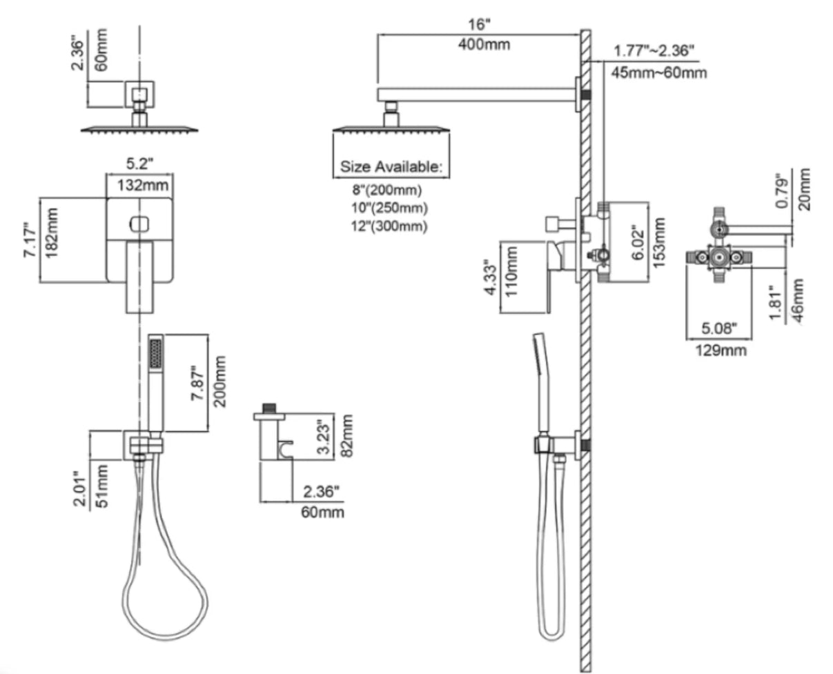 Composition de douche encastrée SC213 en laiton chromée collection Enipée