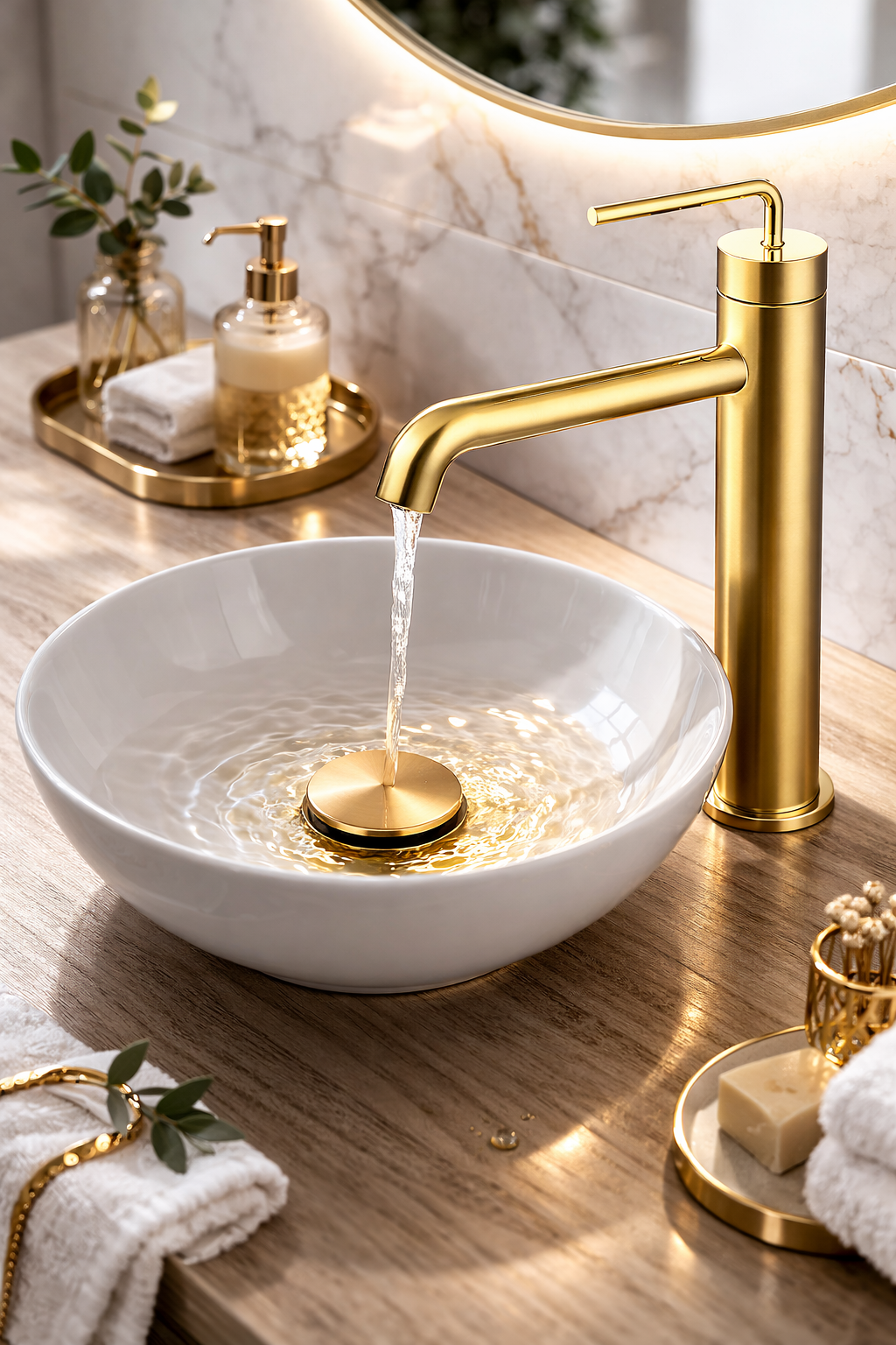 Robinet de lavabo surélevé 040 en laiton doré brossé collection Scamandre