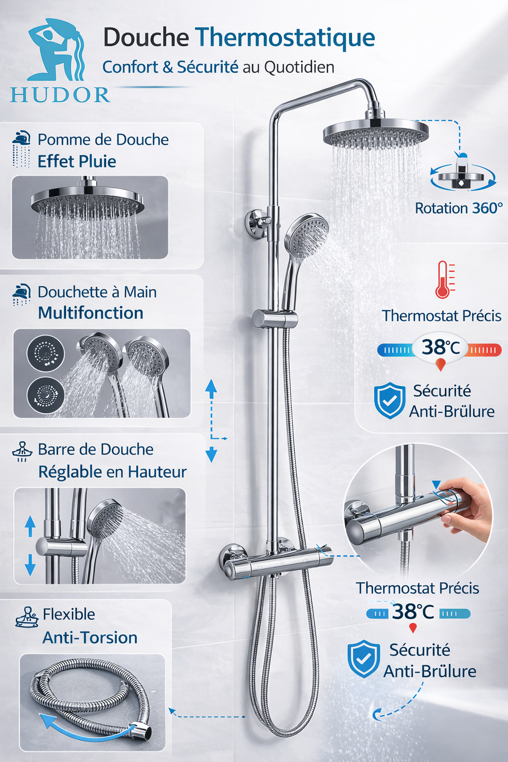 Thermostatic shower column CHROME SC418 Erymanthe Collection