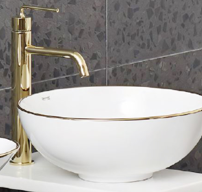 Robinet de lavabo surélevé 040 en laiton doré brossé collection Scamandre